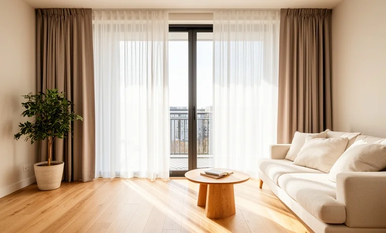 Aydınlık bir salonda Fransız balkon kapısına takılmış şık ve kullanışlı perde modeli detaylıca görülüyor.