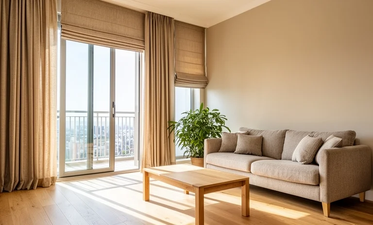 Aydınlık bir salonda balkon kapıları için kullanışlı perde modeli ve rahat geçiş sağlayan modern pencere düzeni.