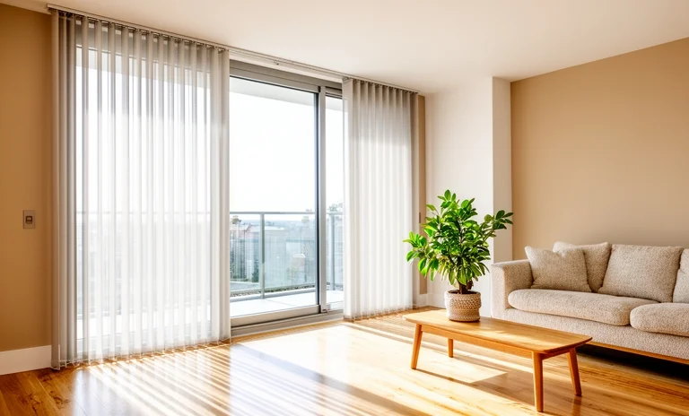 Aydınlık bir salonda açık balkon kapısına takılmış pratik ve kullanışlı perde modeli görülmektedir.