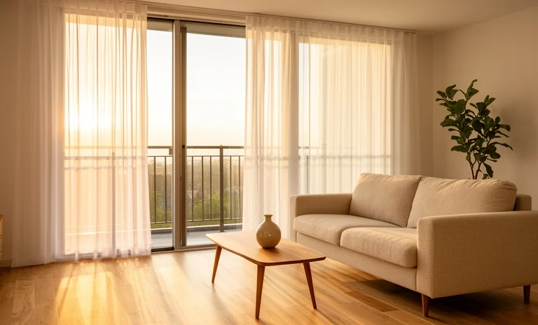 Modern salonda balkon kapısı üzerinde rahatça kayan kullanışlı perde modeli ve gün ışığı alan şık geçiş alanı.