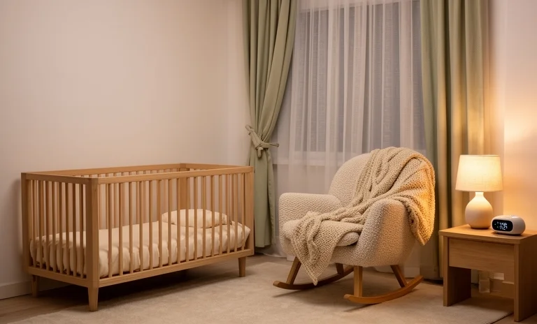 Loş ışıklı odada beşiğinde mışıl mışıl uyuyan bebek, bebeklerde gece uykusu düzeni için huzurlu bir ortam sunuyor.