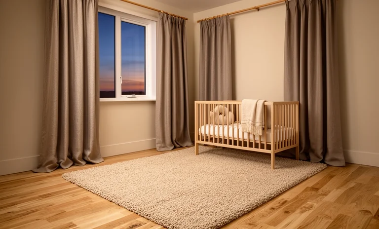 Loş ışıklı odadaki beşiğinde huzurla uyuyan bebek, bebeklerde gece uykusu düzeni için ideal ortamı simgeler.