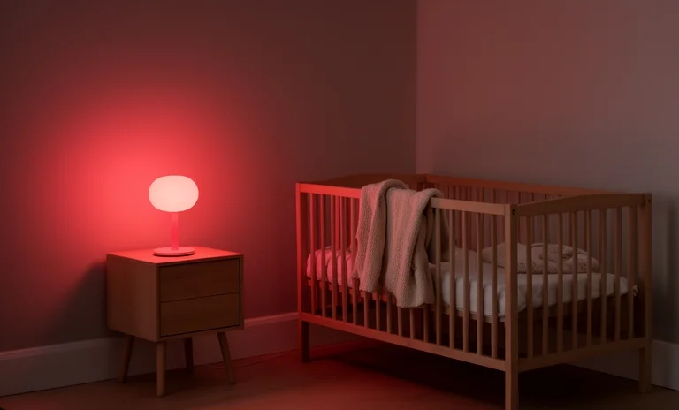 Loş bir odada ahşap beşikte mışıl mışıl uyuyan bebek, bebeklerde gece uykusu düzeni için huzurlu ortam.