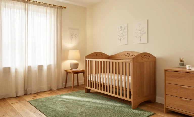 Loş odadaki ahşap beşikte mışıl mışıl uyuyan bebek, bebeklerde gece uykusu düzeni oluşturmanın önemini gösteriyor.