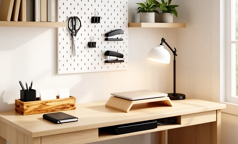 Modern bir ofiste minimalist ahşap masada bilgisayarıyla çalışan kişi ve şık çalışma masası düzenlemesi.
