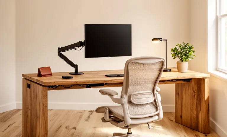 Düzenli bir ofis ortamında modern çalışma masası düzenlemesi yapılmış minimalist bir bilgisayar alanı.