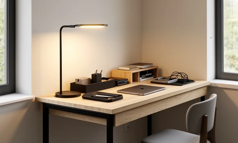 Modern çalışma masası düzenlemesi ile organize edilmiş dizüstü bilgisayarlı ve kablosuz minimalist bir ofis alanı.
