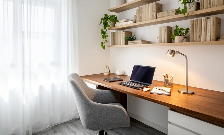 Doğal ışık alan ergonomik çalışma odası dekorasyonu ve düzenli bir masa başında verimli çalışan kişi.