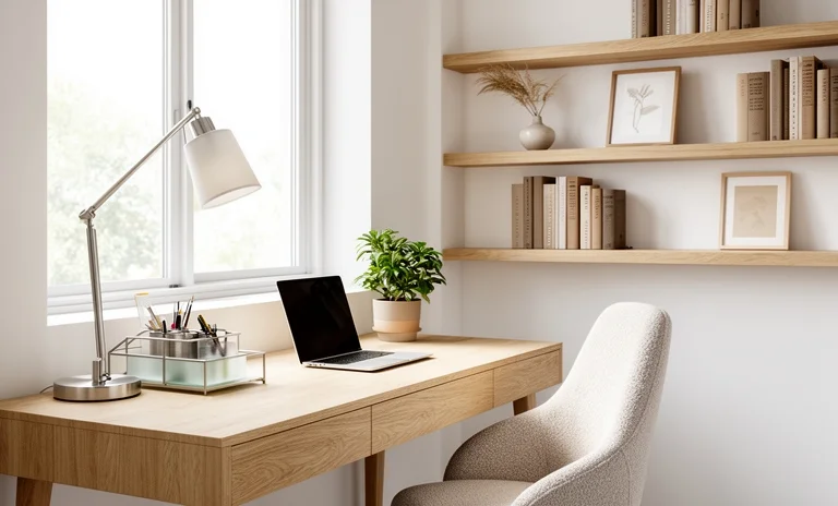 Gün ışığı alan modern bir çalışma odası ortamında düzenli ahşap masa ve ergonomik sandalye.