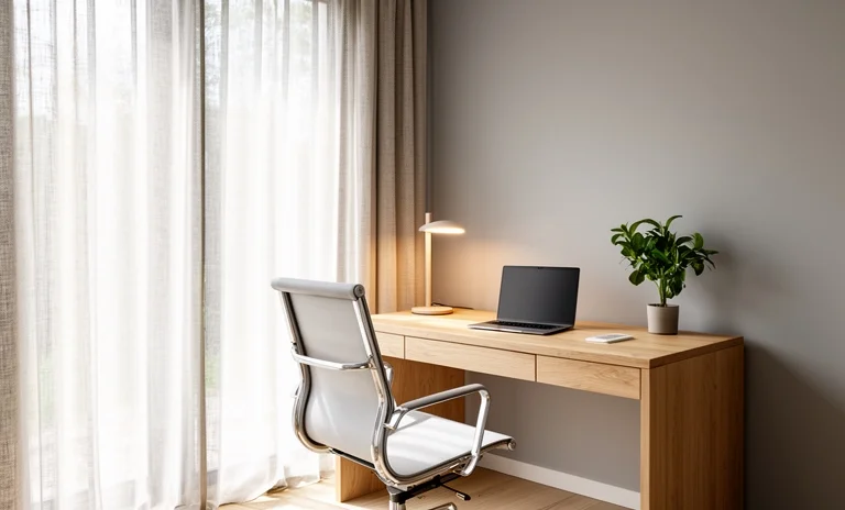 Modern çalışma odası dekorasyonu için ergonomik masa, düzenli kablolar ve doğal ışık alan minimalist ortam.