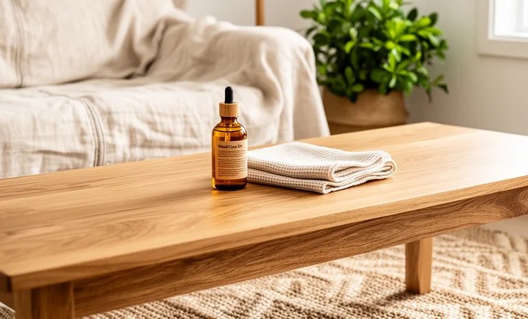 Modern bir salonda doğal ahşap sehpa bakımı yapan, masayı mikrofiber bezle nazikçe silen el.
