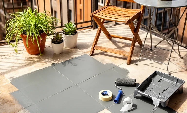 Rulo fırça ile eski balkon fayanslarını boyama çalışması yapan bir kişinin balkondaki görünümü.