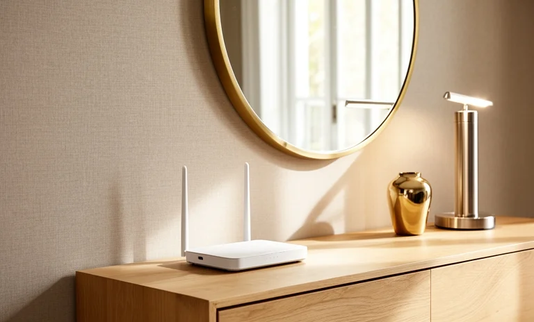 Modern bir salonda sehpa üzerinde duran ve mavi dalgalarla evde güçlü internet sinyali yayan modem.