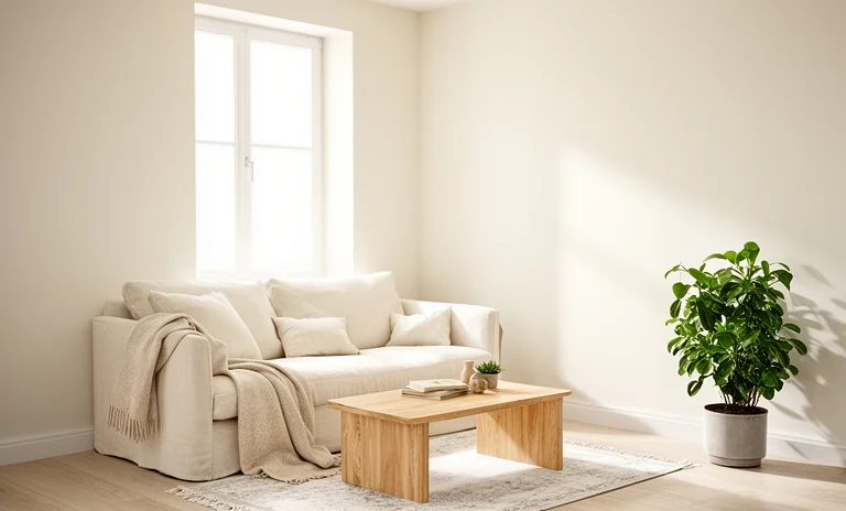Pencereden giren ışığı yansıtan açık renk duvar boyası ile karanlık odaları aydınlatan modern salon.