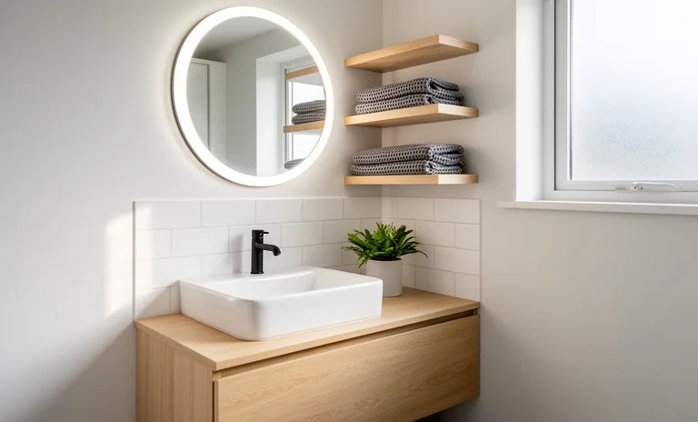 Modern akıllı raflarla düzenlenmiş aydınlık küçük banyo alanı ve uygun bütçeli yenileme detayları.