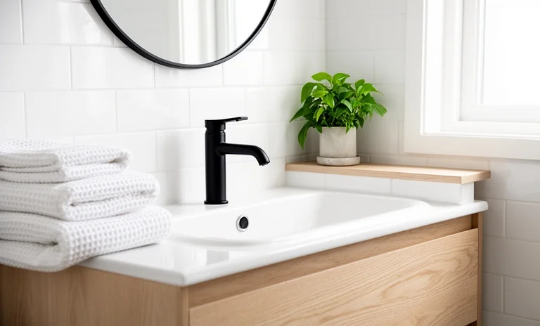 Açık renkli duvarlar ve duvara monte raflarla düzenlenmiş modern ve bütçe dostu küçük banyo tasarımı.