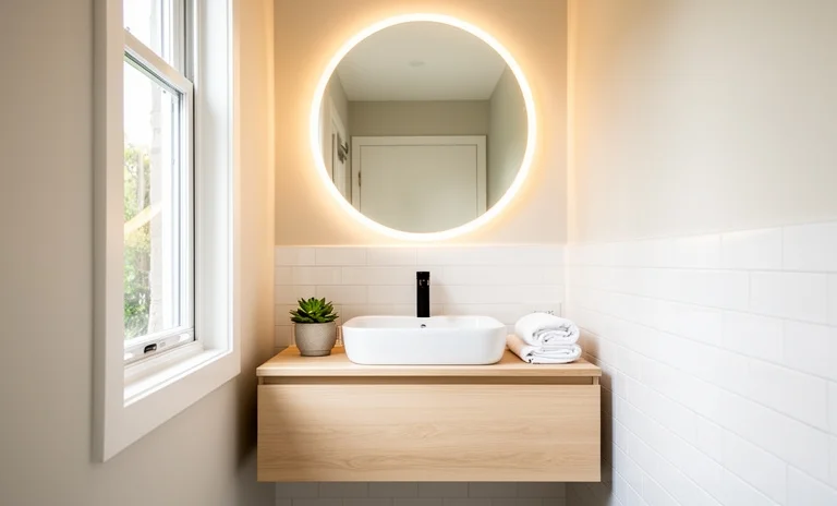 Modern ve aydınlık küçük banyo yenileme projesinde kullanılan şık ahşap raflar ve alan tasarrufu sağlayan düzenler.
