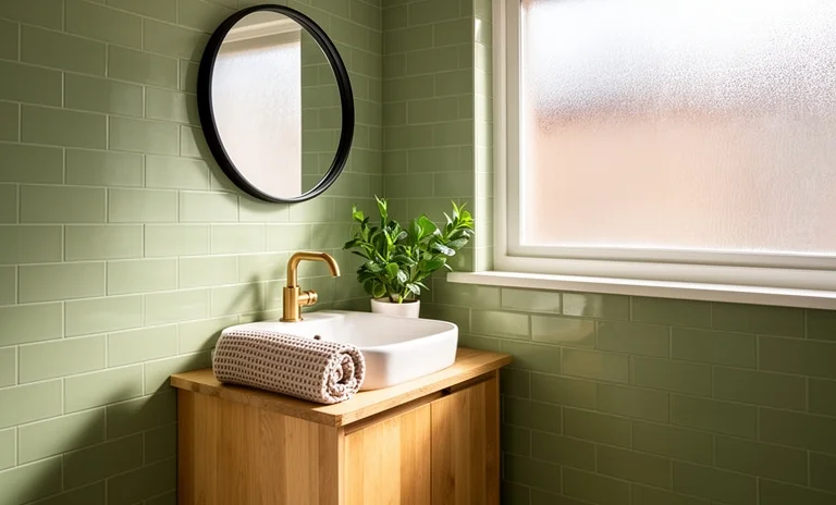 Aydınlık ve modern küçük banyo tasarımı, raf düzenlemesi ile ekonomik yenileme fikirleri sunuyor.