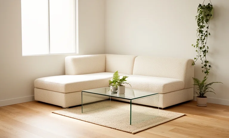 Modern ve küçük evler için köşe takımı kullanımıyla ferahlatılmış minimalist bir salon dekorasyonu.