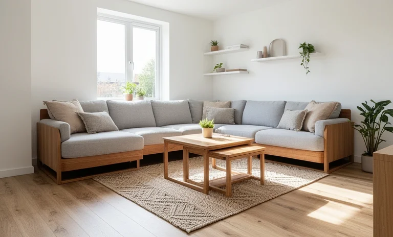 Aydınlık ve minimalist bir salonda yer alan konforlu küçük evler için köşe takımı düzeni.