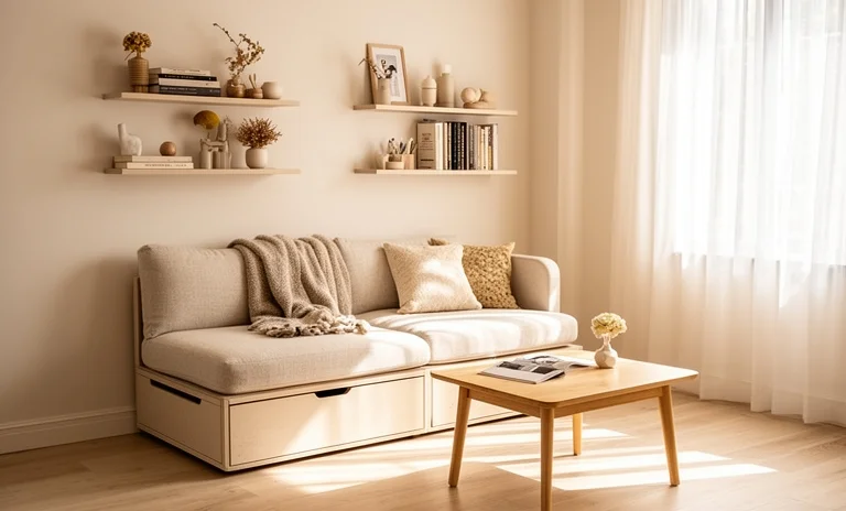 Aydınlık ve dar bir odada minimal tasarıma sahip modern köşe koltuğu. Küçük salonlar için koltuk seçimi örneği.
