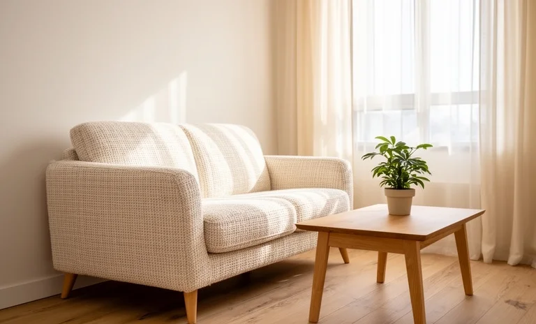 Aydınlık ve modern dekore edilmiş bir mecrada doğru küçük salonlar için koltuk seçimi örneği sunan minimalist mobilya.