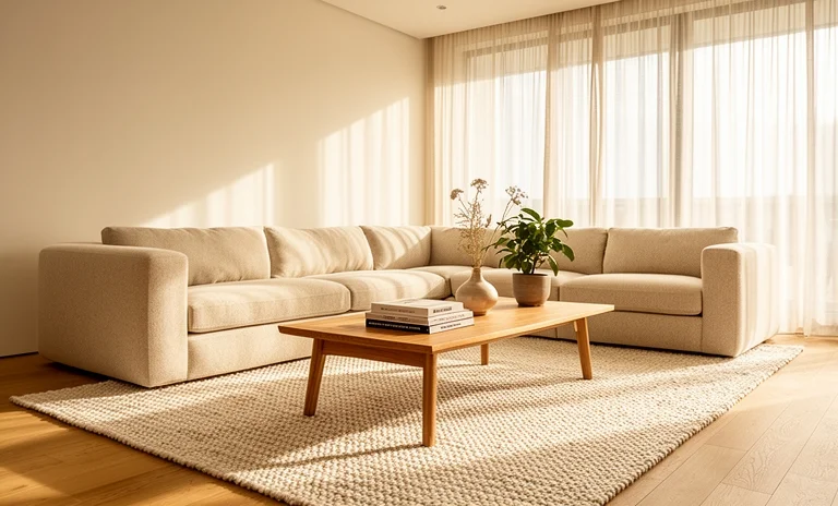 Aydınlık bir salonda şık bir L koltuk etrafında düzenlenmiş modern dekorasyon ve sehpa detayları.