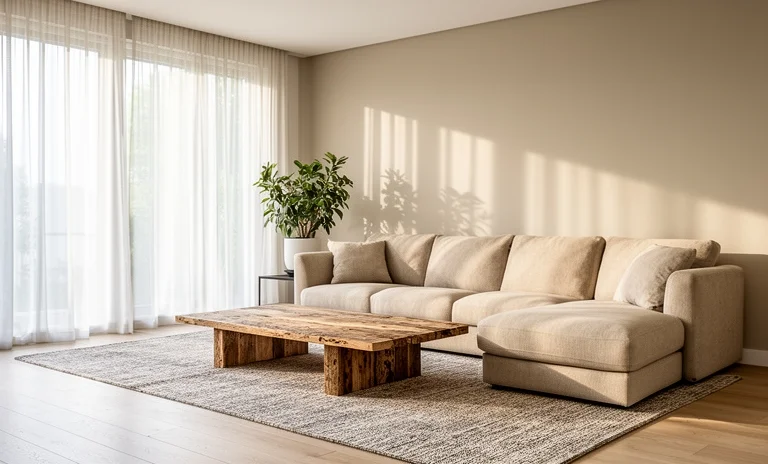 Ferah ve aydınlık bir salonda konumlandırılmış modern gri L koltuk ve minimalist salon dekorasyonu.