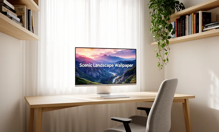 Ahşap masada çalışan birinin monitöründe yer alan ferahlatıcı HD masaüstü duvar kağıdı tasarımı.