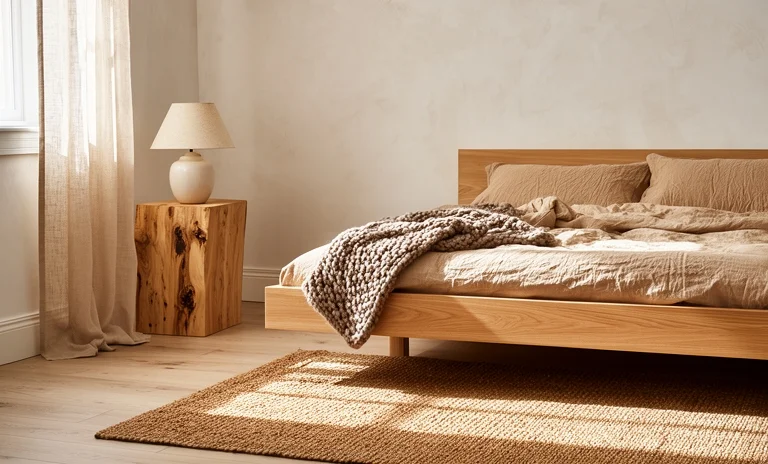 Doğal ışık alan ferah bir odada sade mobilyalarla tasarlanmış modern minimalist yatak odası dekorasyonu.