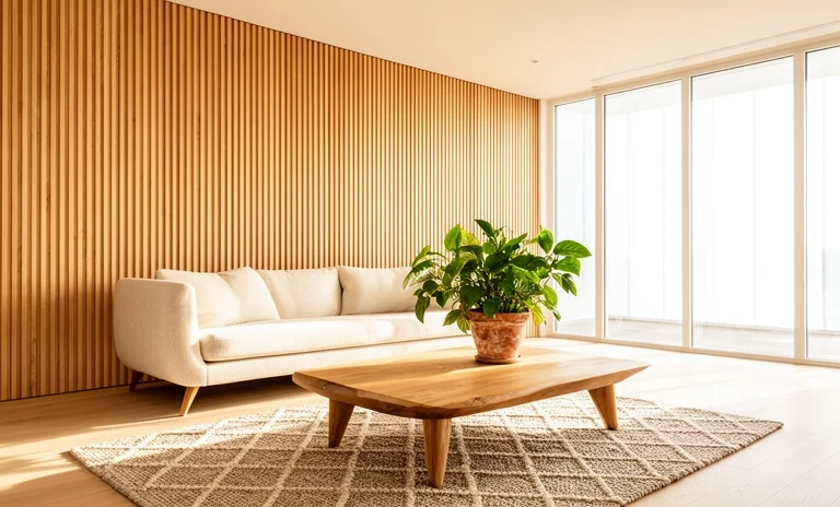 Minimalist mobilyalarla tasarlanmış aydınlık bir salonda modern ev dekorasyonunda ahşap kullanım örnekleri sunuluyor.