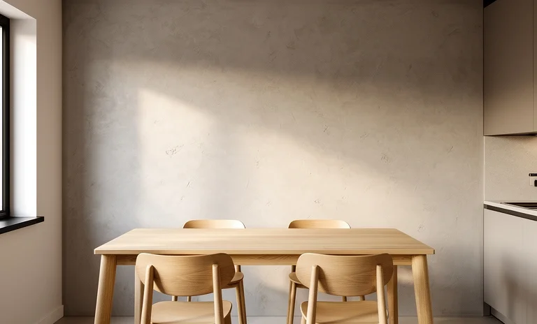 Modern ahşap mutfak masası çevresinde şık duvar panelleri ve minimalist tablo dekorasyonu.