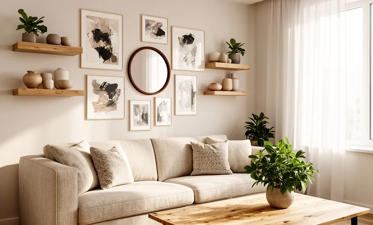 Modern bir salonda şık tablolar ve dikey aydınlatmalarla tasarlanmış estetik salon duvar dekorasyonu.