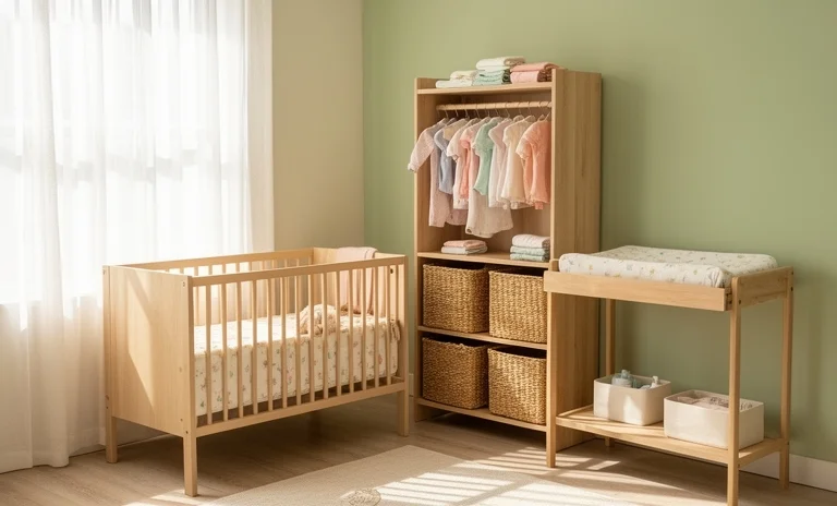 Minimalist bebek odasında ahşap beşikle bütçe dostu yenidoğan alışverişi malzemeleri düzenlenmiş.