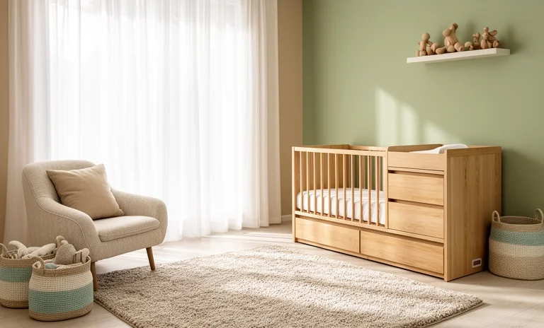 Sade tasarlanmış bebek odasında ahşap beşik, minimalist kıyafetler ve bütçe dostu yenidoğan hazırlık eşyaları.